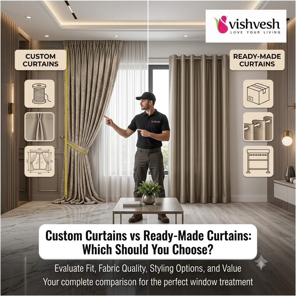 Comparison of custom-stitched and ready-made curtain panels