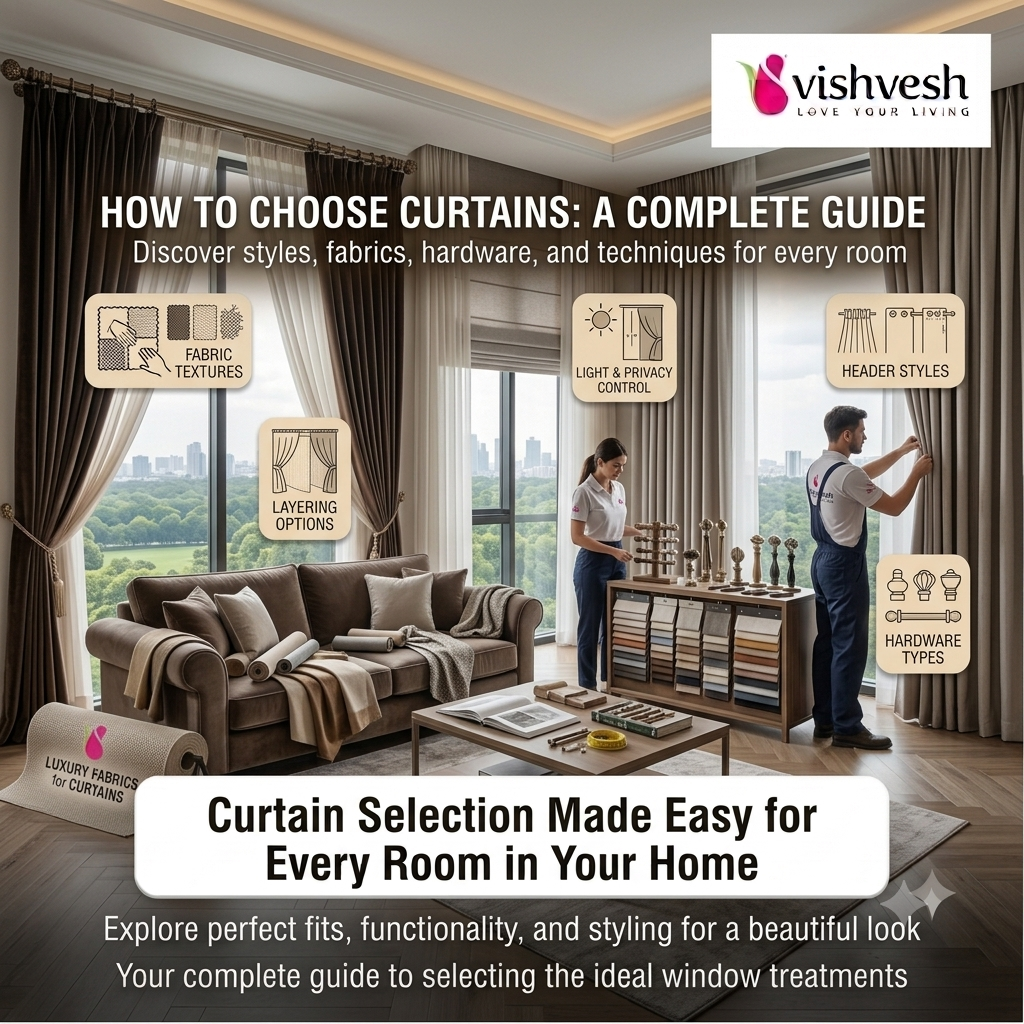 Curtain styles compared across living room, bedroom and balcony settings