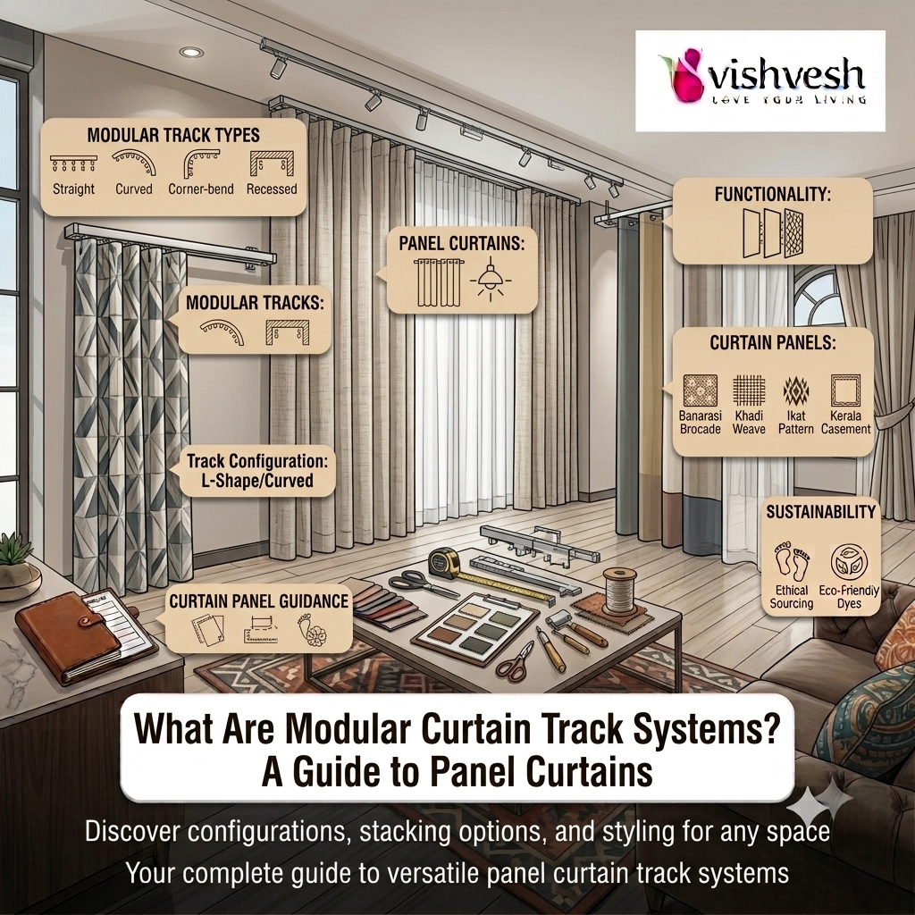 Panel track curtain system dividing an open-plan living room