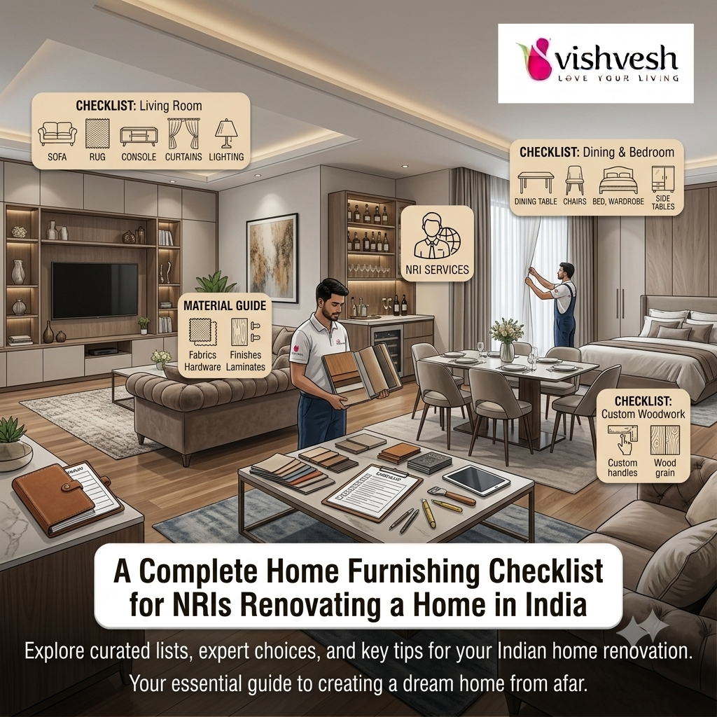NRI homeowner reviewing furnishing samples remotely over video call