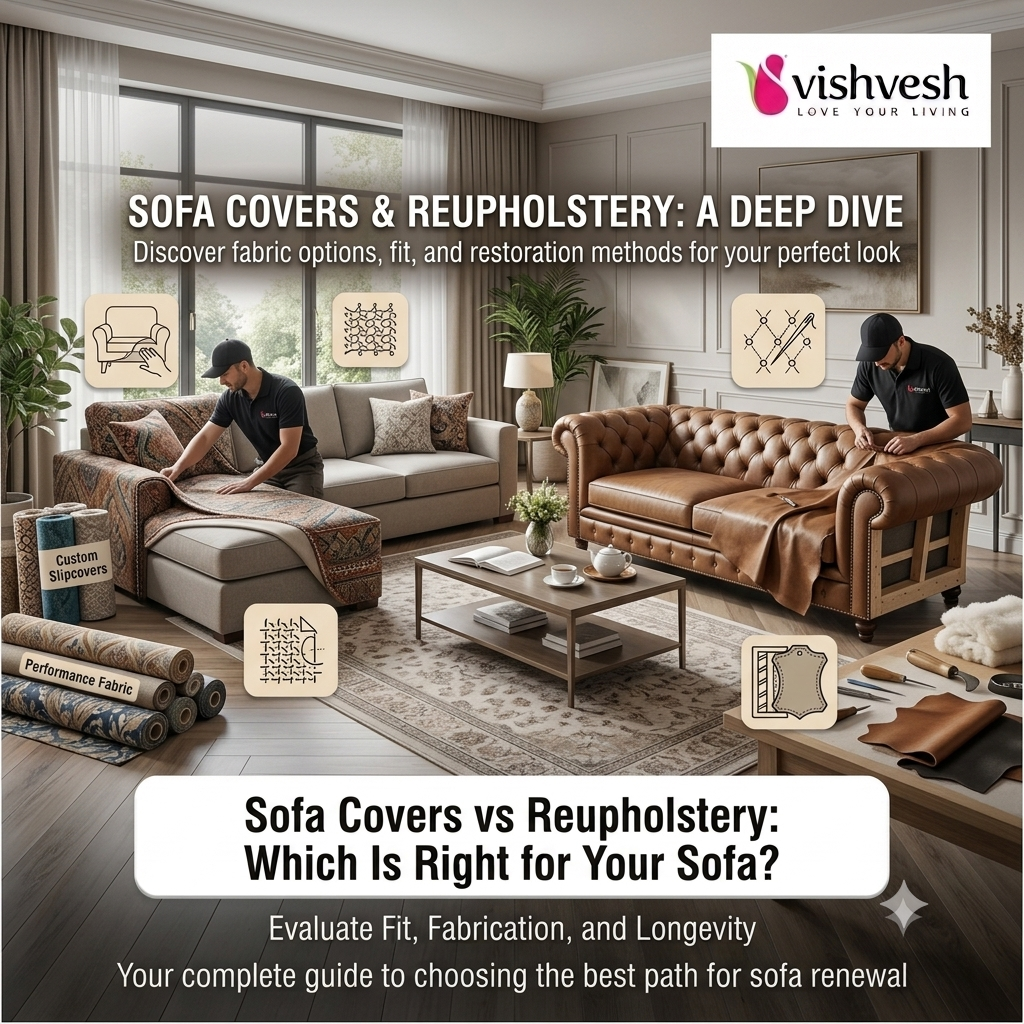 Comparison of a sofa cover and a fully reupholstered sofa