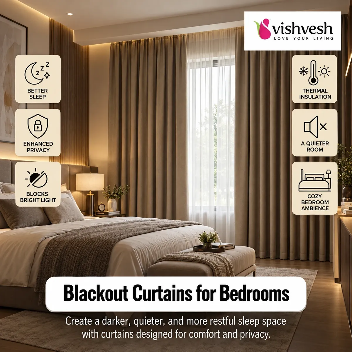 Floor-length blackout curtains and sheers in a bedroom