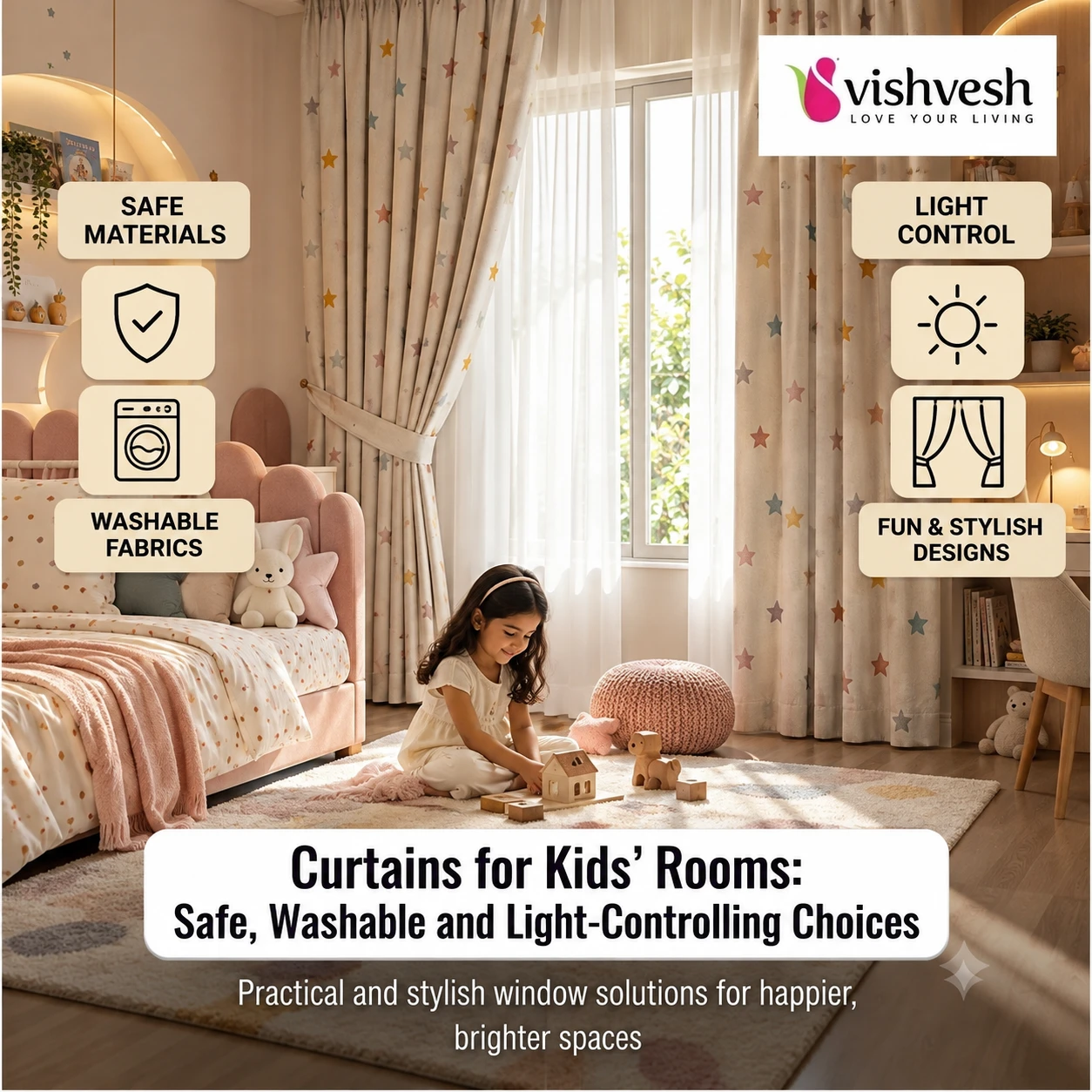 Curtains for kids' rooms in a child's bedroom with star-print curtains and sheers