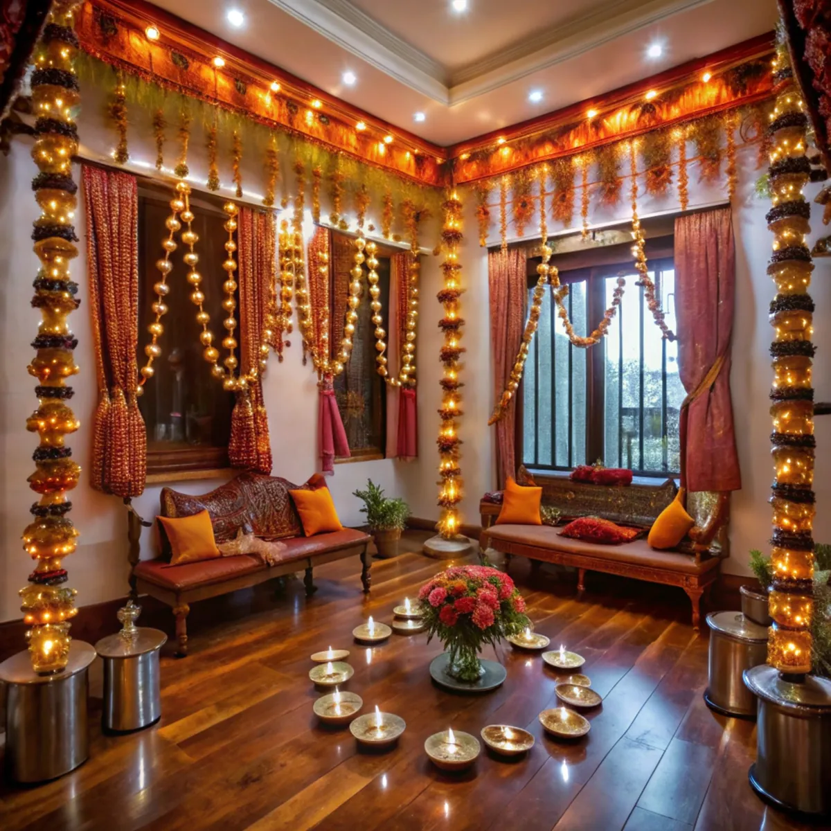 Festive room with rich red curtains, garlands and diyas placed on the floor away from fabric