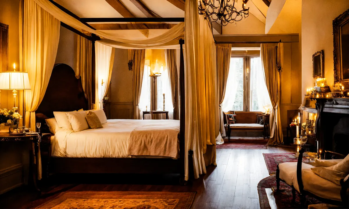 Hotel-style bedroom with floor-length drapes and sheer curtains