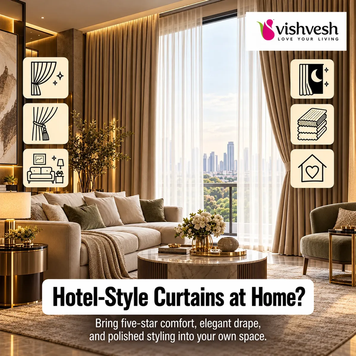 Hotel-style ceiling-height curtains with sheers in a living room
