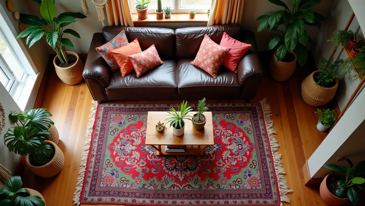 Patterned rug under a coffee table in front of a leather sofa