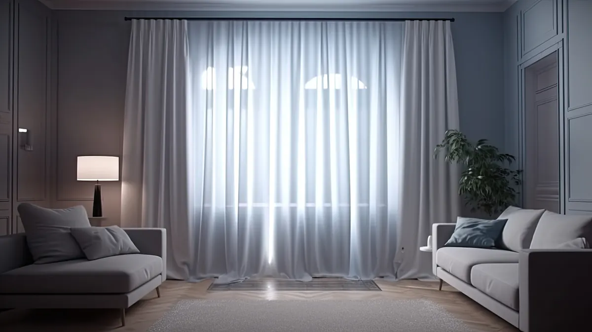 Ceiling-mounted curtains with sheers in a modern living room