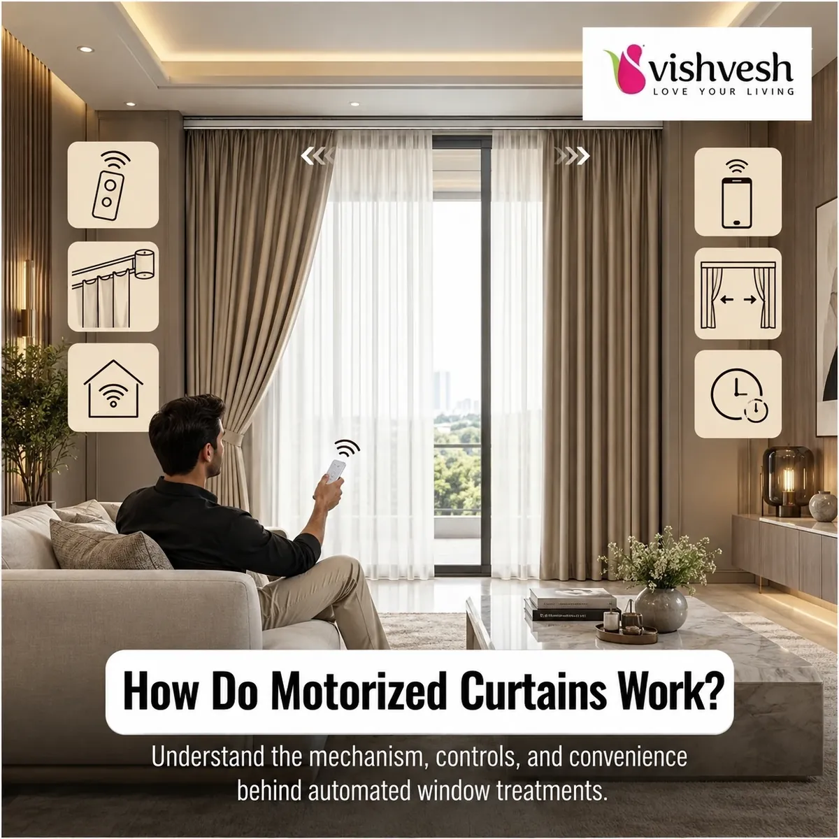 Motorized curtains on a ceiling track in a living room, opened with a remote