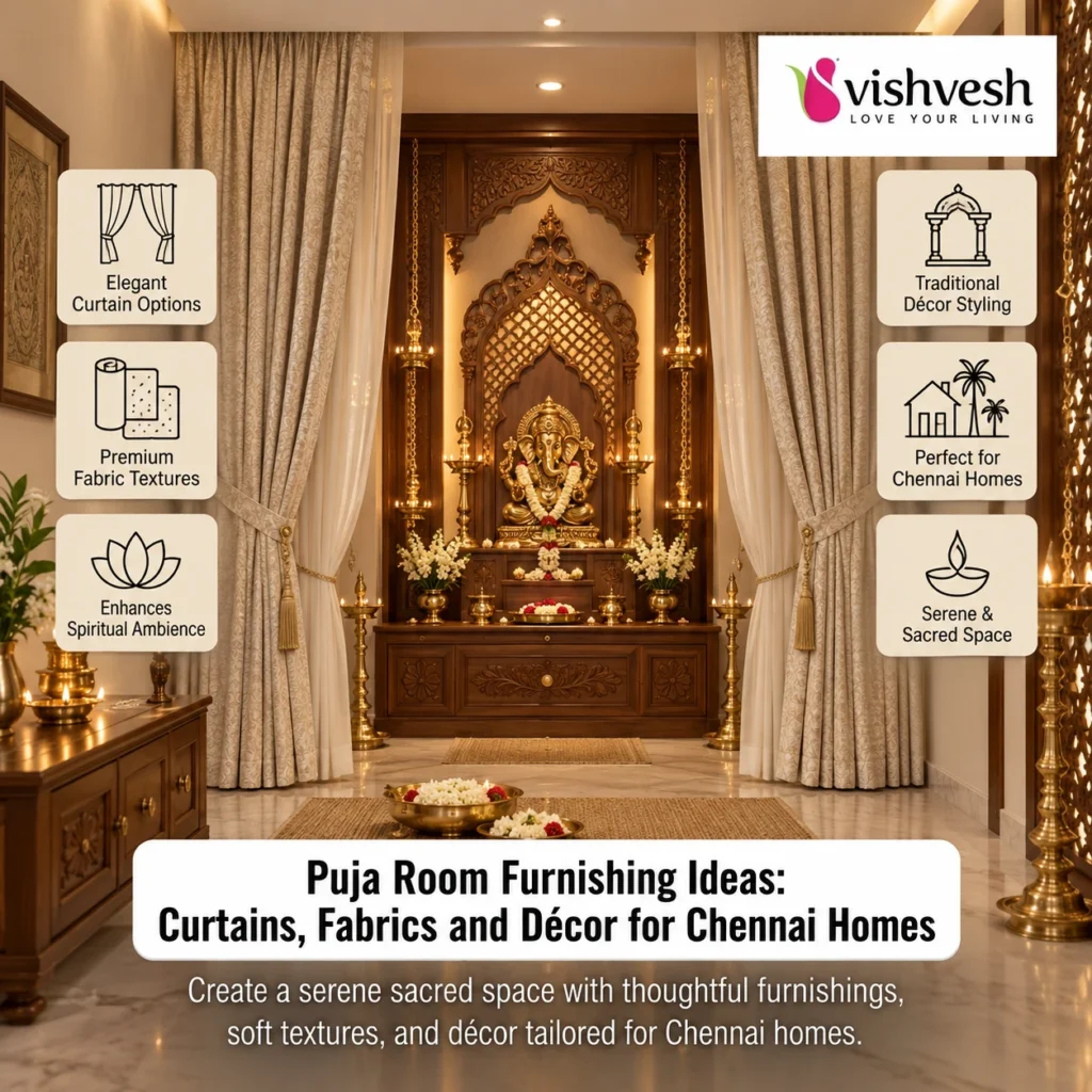 Puja room furnishing ideas with door curtains tied back at a puja room entrance