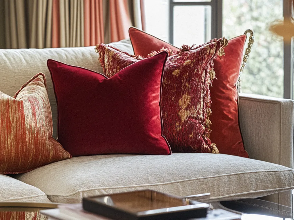 Rumors Garnet collection cushions in deep red tones